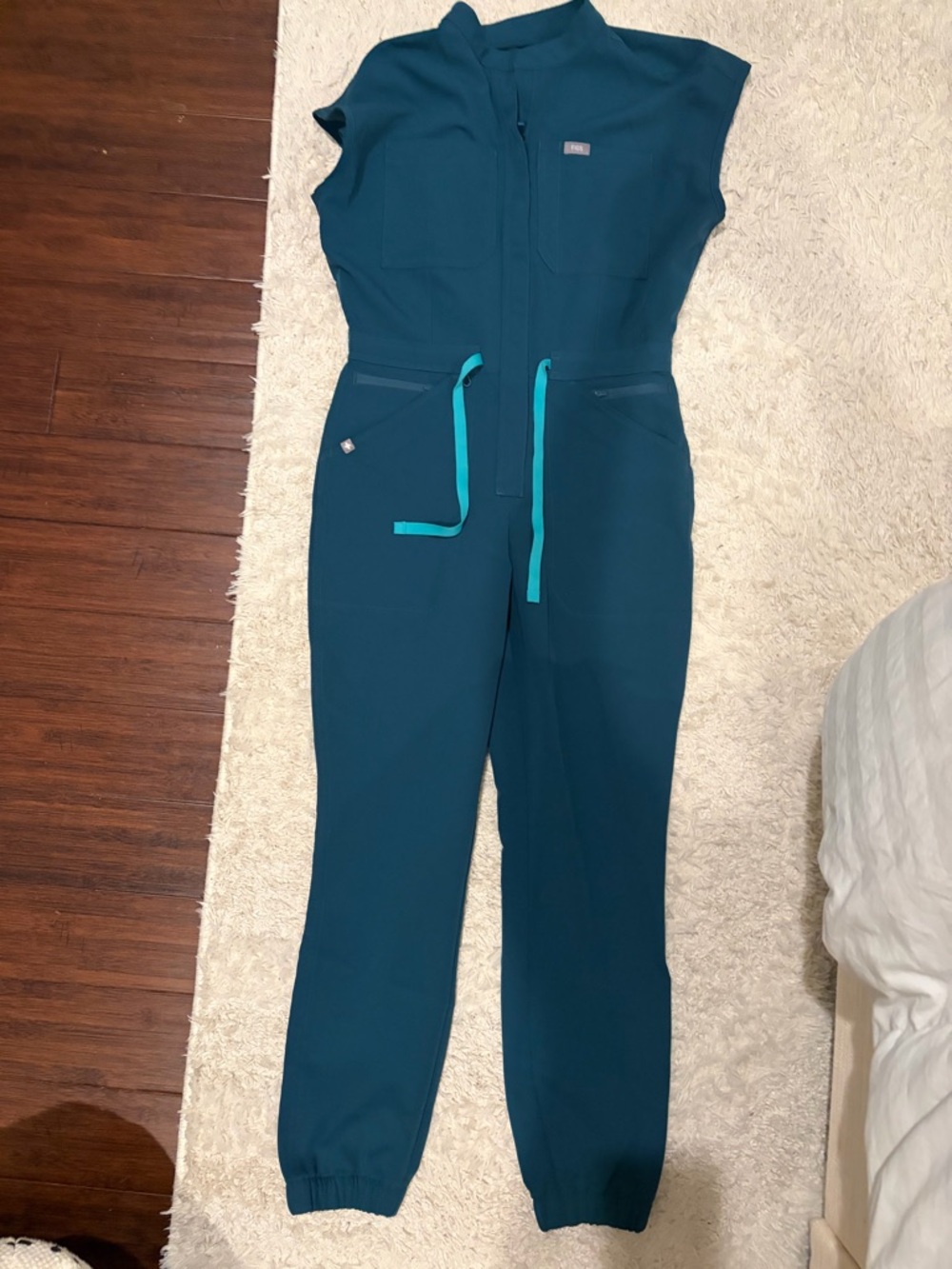 Figs Teal Zipper-Front Jumpsuit with Drawstring